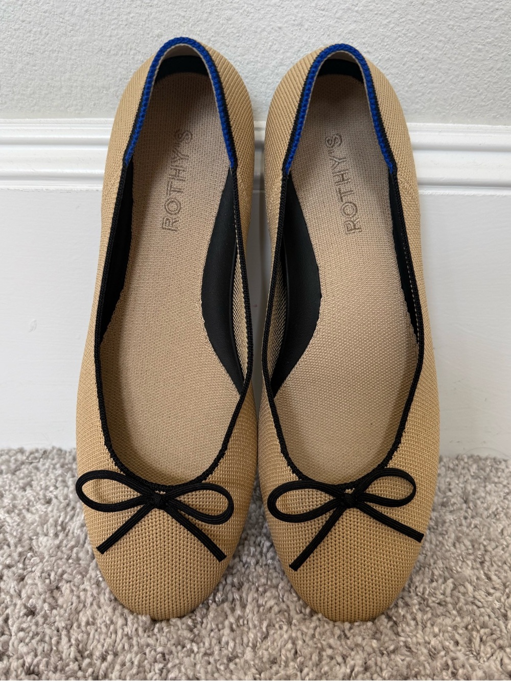 Rothy's Tan Round Toe Ballet Flats with Black Trim and Bow - Picture 11 of 11